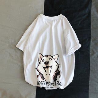 Dog Print Lettering Elbow-sleeve T-shirt