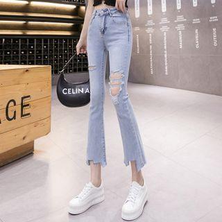 High-waist Ripped Cropped Denim Bell-bottom Pants