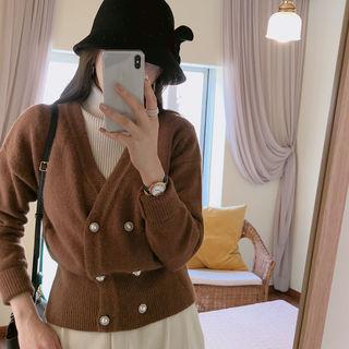 Faux-pearl Button Double-breasted Cardigan Brown - One Size