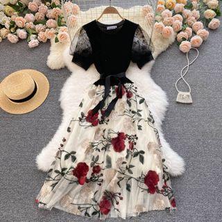 Round-neck Lace Mesh Panel Embroidered Dress