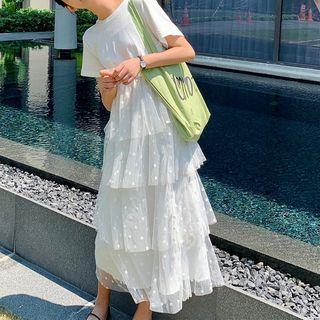 Mesh Panel Short-sleeve Midi Layered Dress