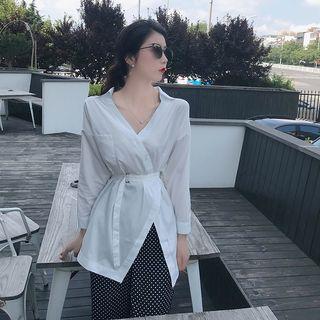 V-neck Asymmetrical Blouse With Belt