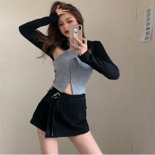 Long-sleeve Knit Crop Top / Shirred Zip Tube Top