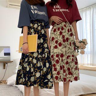 Elbow-sleeve Letter T-shirt / Flower Print A-line Midi Chiffon Skirt