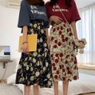 Elbow-sleeve Letter T-shirt / Flower Print A-line Midi Chiffon Skirt