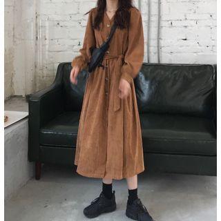 Long-sleeve V-neck Corduroy Midi Dress
