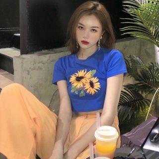 Short-sleeve Floral Print Cropped T-shirt T-shirt - Blue - One Size