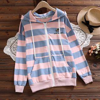 Cartoon Embroidered Striped Zip-up Hoodie