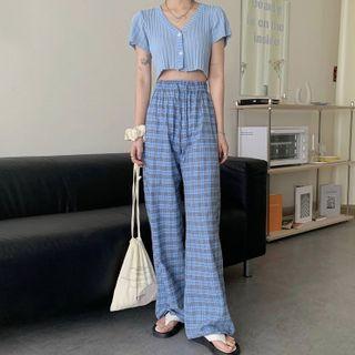Short-sleeve Knit Top / Plaid Wide Leg Pants