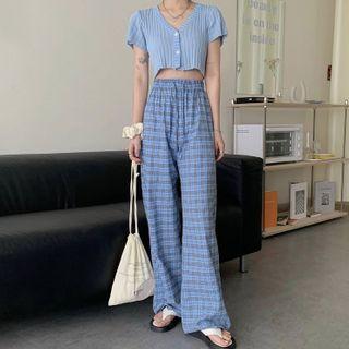 Short-sleeve Knit Top / Plaid Wide Leg Pants