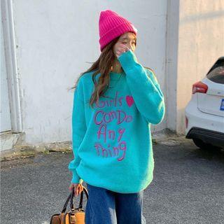 Lettering Loose-fit Sweater Aqua Blue - One Size