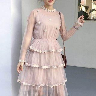 Set: Flower Applique Long-sleeve Tiered Mesh Dress + Slipdress