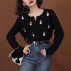 Snowman Embroidered Cardigan Snowman Embroidery - Black - One Size