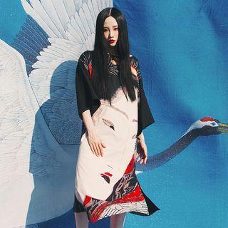 3/4-sleeve Face Print Midi Dress As Shown In Figure - One Size
