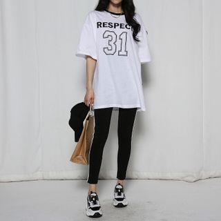 Set: Letter-printed T-shirt + Piped Leggings