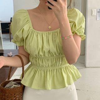 Puff-sleeve Peplum Ruched Blouse