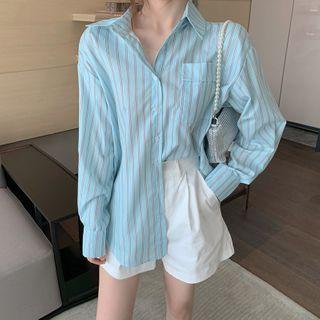 Striped Long-sleeve Shirt / High Waist Wide Leg Shorts