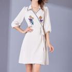Embroidered 3/4-sleeve Wrapped Dress