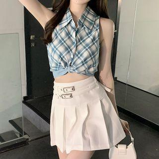 Sleeveless Twist Crop Shirt / Plaid Pleated Mini A-line Skirt