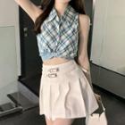 Sleeveless Twist Crop Shirt / Plaid Pleated Mini A-line Skirt