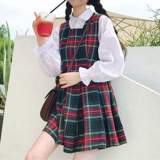 Lantern-sleeve Shirt / Plaid A-line Pinafore Dress
