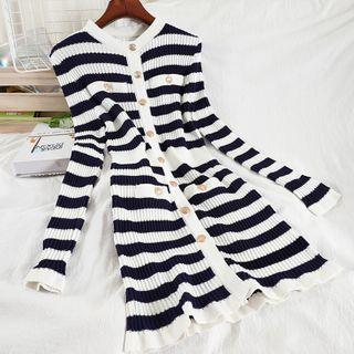 Long-sleeve Striped Button-up Knit Mini Dress Stripes - Navy Blue - One Size