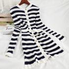 Long-sleeve Striped Button-up Knit Mini Dress Stripes - Navy Blue - One Size