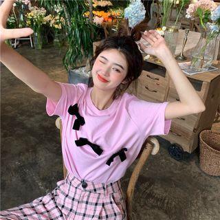 Short-sleeve Ribbon T-shirt Black Bow - Pink - One Size