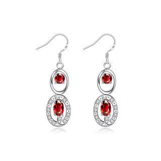 Simple And Elegant Geometric Oval Earrings With Red Austrian Element Crystal Silver - One Size