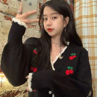 V-neck Cherry Embroidered Cropped Cardigan