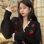 V-neck Cherry Embroidered Cropped Cardigan