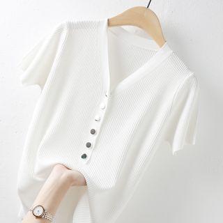 Short-sleeve Ribbed Henley Knit Top