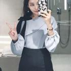 Bow Accent Long Puff Sleeve Chiffon Blouse
