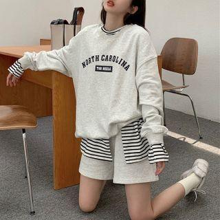 Long-sleeve Striped T-shirt / Lettering Sweatshirt / Shorts