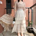 Faux Pearl Lace Elbow Sleeve Blouse