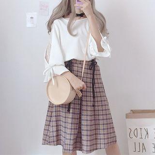 Long-sleeve Cutout Lace Panel Chiffon Top / Plaid Midi Skirt