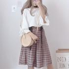 Long-sleeve Cutout Lace Panel Chiffon Top / Plaid Midi Skirt