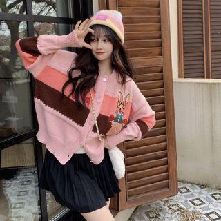 Color Block Rabbit Cardigan Pink - One Size
