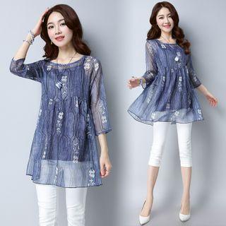 Set: 3/4-sleeve Floral Print Blouse + Camisole Top