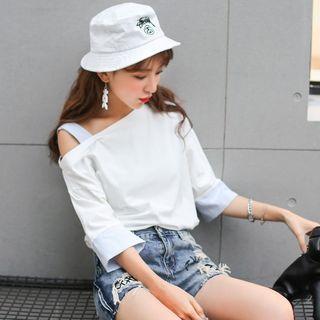 Striped Cuff Cold Shoulder 3/4-sleeve Top