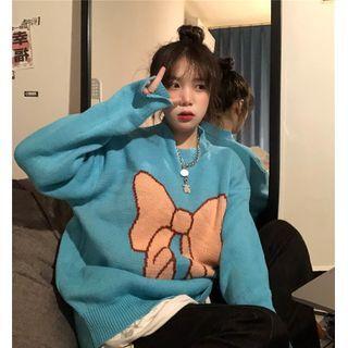 Ribbon Jacquard Sweater Bow - Blue - One Size