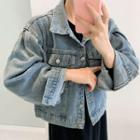 Pleated-shoulder Washed Denim Jacket Blue - One Size