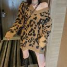 Leopard V-neck Loose-fit Sweater As Figure - One Size