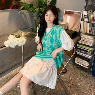 3/4-sleeve Plain Dress / Argyle Vest Sweater