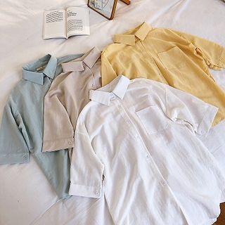 Plain Single-breasted Elbow-sleeve Blouse