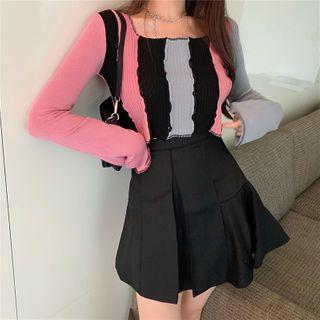 Contrast Color Long-sleeve Cropped Knit Top
