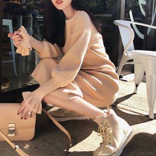 Plain Lantern-sleeve Midi Knit Dress