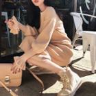 Plain Lantern-sleeve Midi Knit Dress