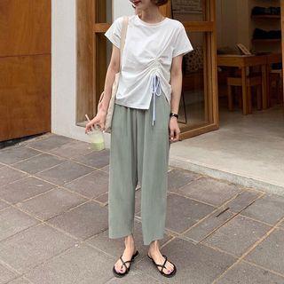 Drawstring Short-sleeve T-shirt / Cropped Straight-fit Pants