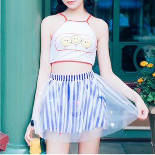 Set: Balloon Print Bikini + Tulle Overlay Striped Skirt
